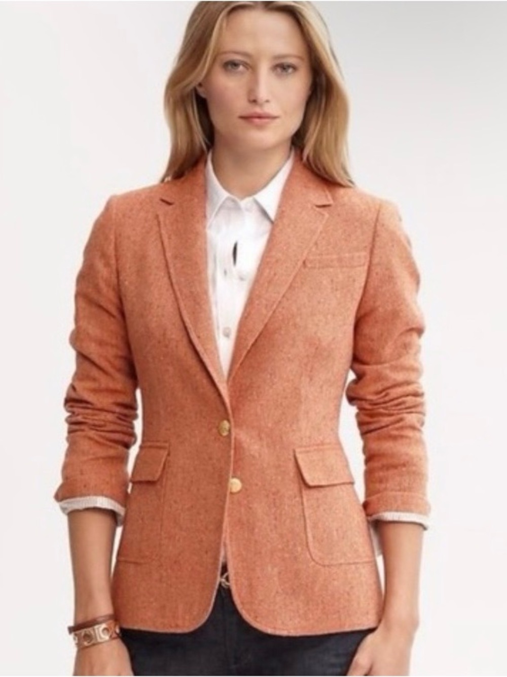 Banana Republic Sz 4 Wool Blend Tweed Blazer Gold Buttons Italian Fabric